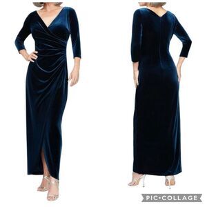 Alex Evenings Deep Blue Velvet Formal Dress Women Size 12 3/4 Sleeve Wrap V Neck